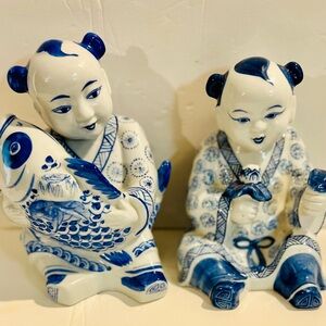Vintage Blue and White Porcelain Figurines of Boys with Koi Fish and Lotus